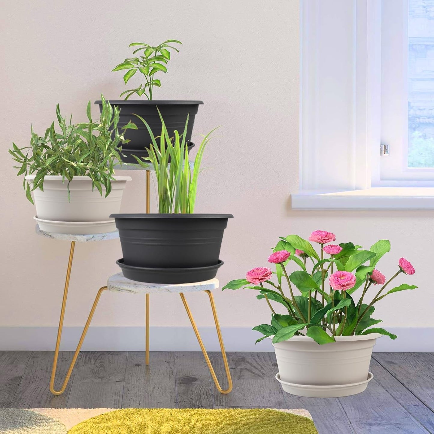 6 Pack 10 inch Plant Pot, Outdoor Pots for Plants with Drainage Hole & Tray Saucer, Round Plastic Plant Pot, Decoration Flower Pots for Indoor Plants Home Garden Outdoor Planters (Beige)