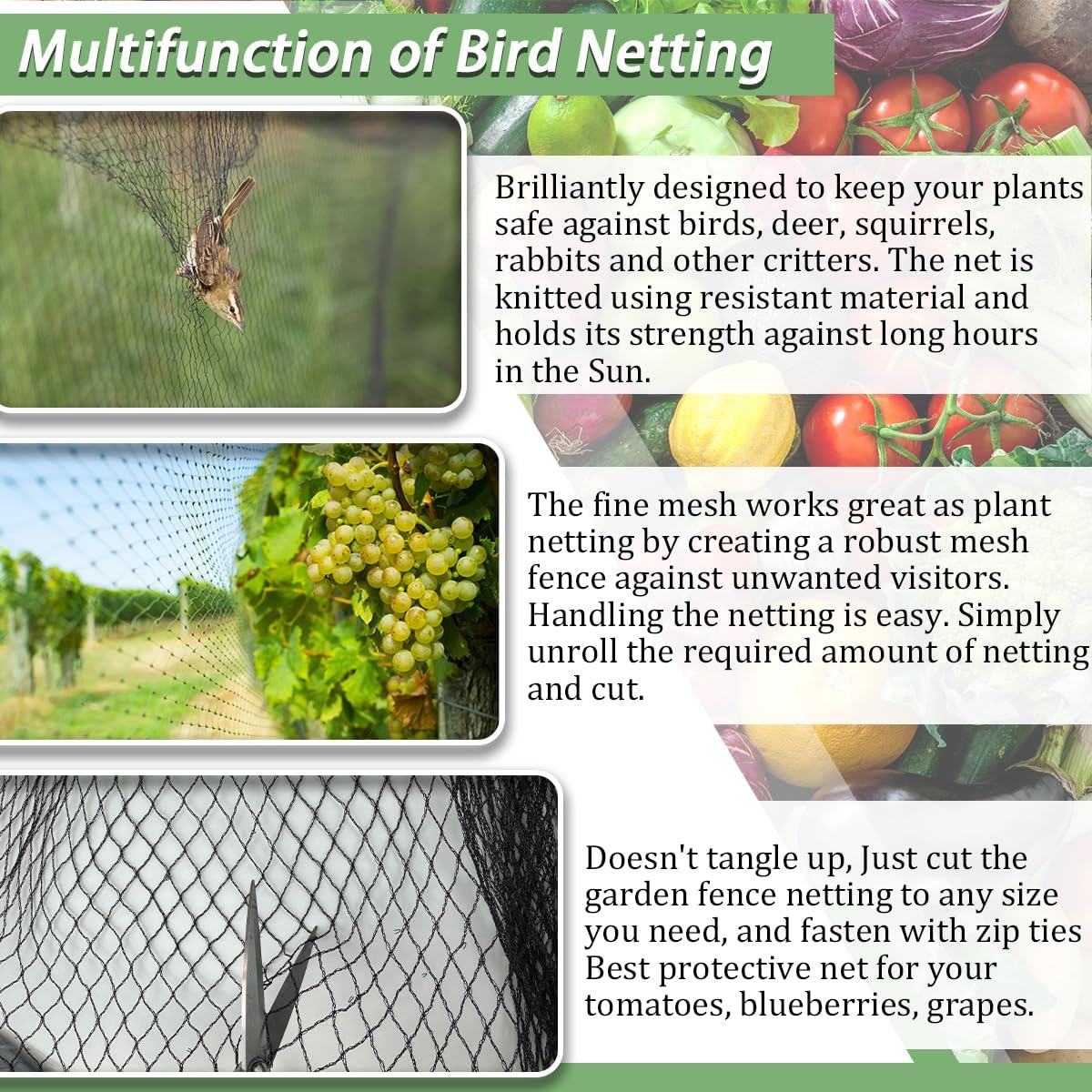 Bird Netting，7.5 x 100 FT Garden Netting Bird Net for Chicken Coop, Poultry Netting Fence for Fruit Trees, Plants and Vegetables Against Birds, Deer, Squirrels and Other Animals