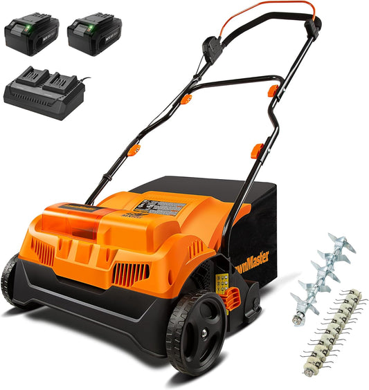 LawnMaster 48V MAX Brushless 16” Cordless Scarifier & Dethatcher with Removable Thatch Collection Bag Quick-Fold – CLGVB4816