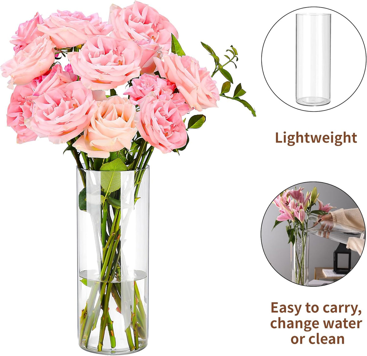Clear Flower Vase, Non-breakable Vases, 4" W x 10" H, Acrylic Vase, Aesthetic Room Decor Cylindrical Modern Flower Vases for Table Centerpiece, Home Decor, Women Floral Arrangement Gift