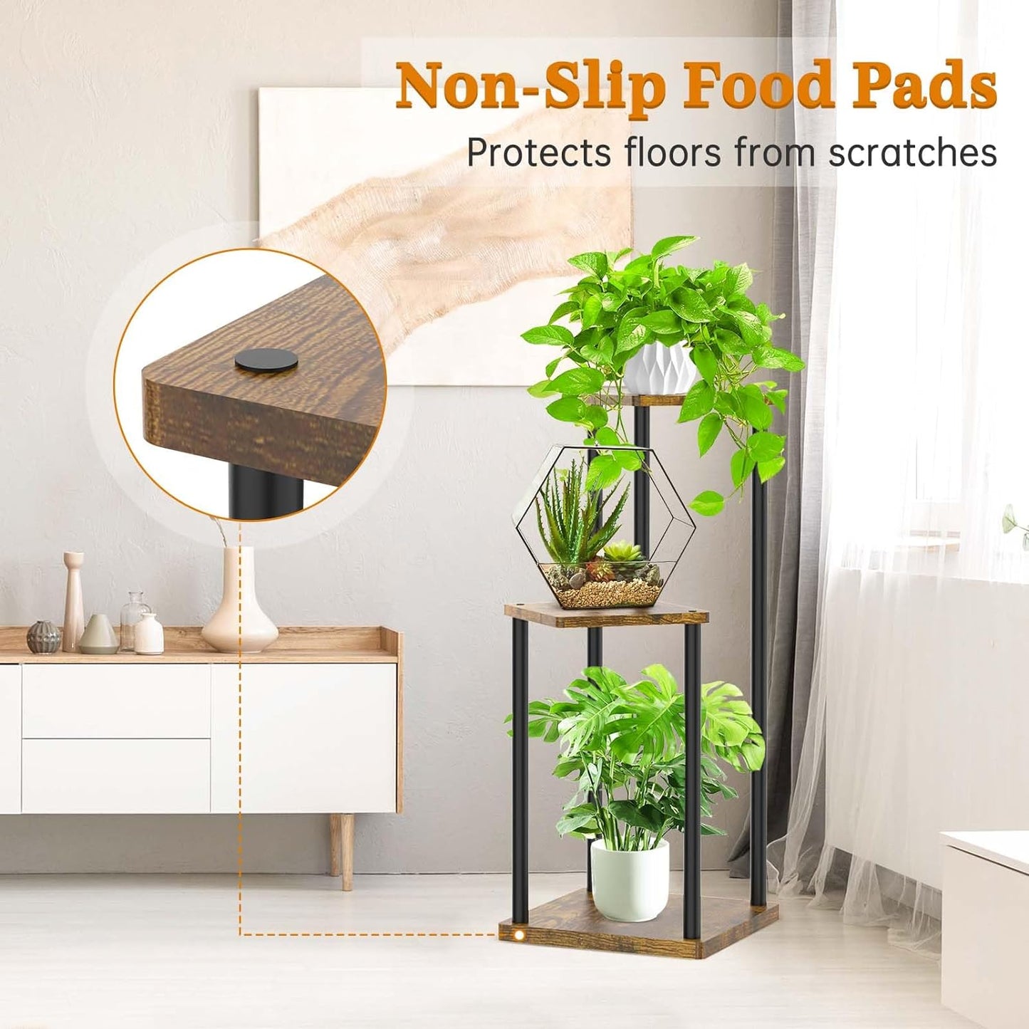 3 Tier Plant Stand Indoor, Metal Wood Tiered Corner Plant Stands Pot Holder, Wood Flower Shelf Orchid Display Rack for Living Room Bedroom Outdoor Balcony Garden Patio, Black
