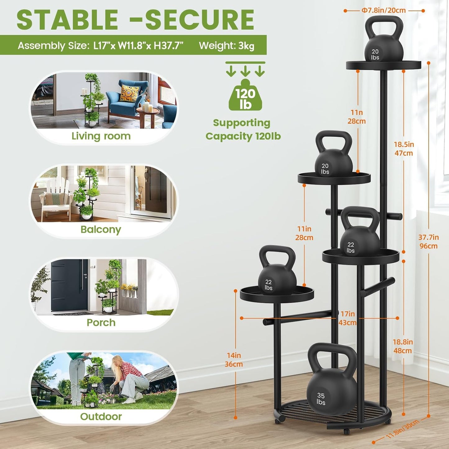 TOSKING 5 Tier Tall Plant Stand Indoor Outdoor, Heavy Duty Corner Plant Stand with Space-Saving Plant Shelf for Multiple Plants| Round Plant Table Design for Living Room Balcony Garden (Black, 38in)