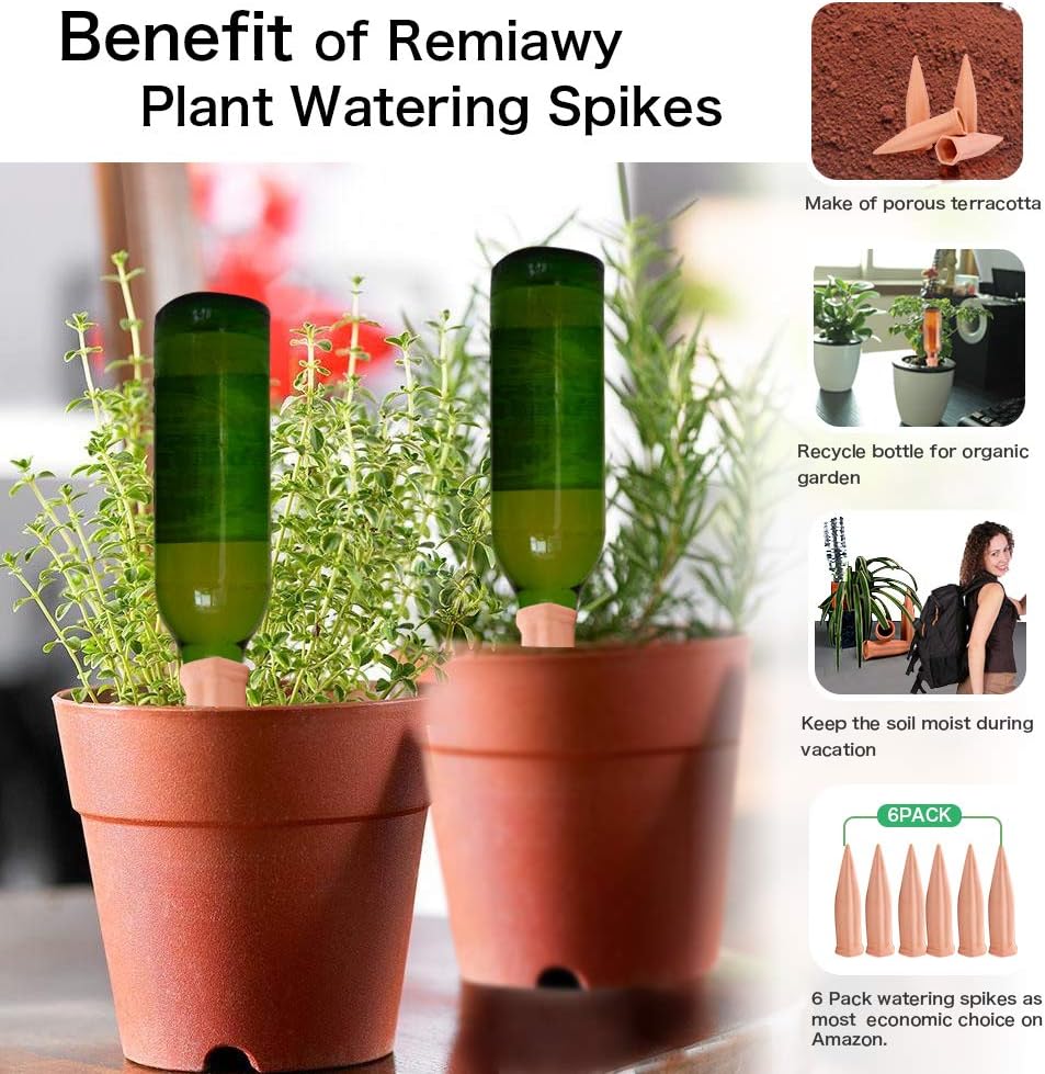 REMIAWY Plant Watering Spikes, Plant Vacation Waterer Wine Bottle Watering Stakes Terracotta Devices Slow Release Self Spikes for Indoor Outdoor