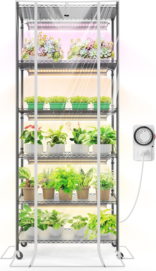 Barrina CX2Z Greenhouse with Grow Light for Indoor Plant & Seedlings, 6-Tier Plant Shelf with 2FT 30W(Per Light) Full Spectrum Plant Lights, 3 Adjustable Spectrum and Timer, 29x14x71 Inches