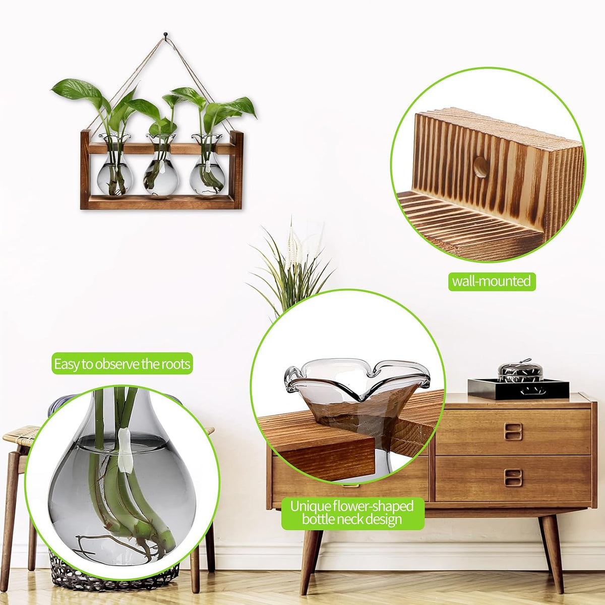 Plant Propagation Station Plant Terrarium Unique Birthday Gifts for Women Plant Lovers Home Office Decor Planter with Wooden Stand - 3 Bulb Glass Vase