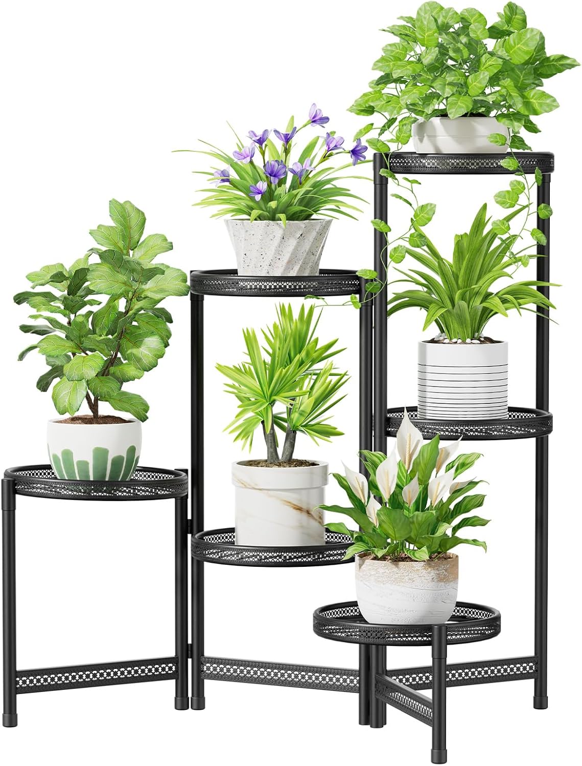 iDavosic.ly 6 Tier Large Plant Stand Indoor with 10-Inch Wide Drainage Tray, Tiered Corner Metal Outdoor Flower Display Holder Shelf, Folding Tall Rack for Patio Porch Balcony, Black Iron Carving