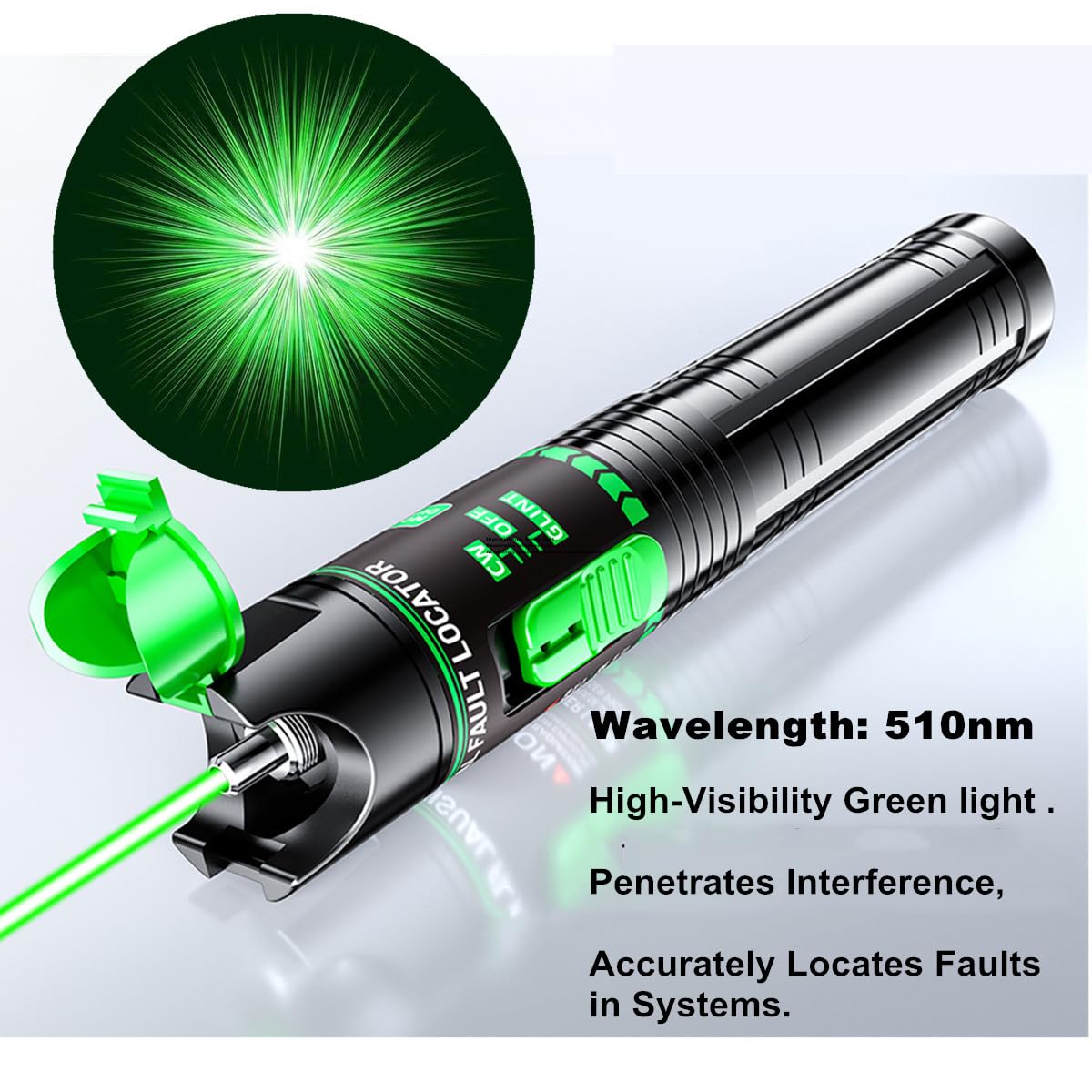 Visual Fault Locator - Green Light Fiber Optic Tester,510nm Wavelength, Compatible with SC/FC/ST/LC Interfaces, Ideal for Network