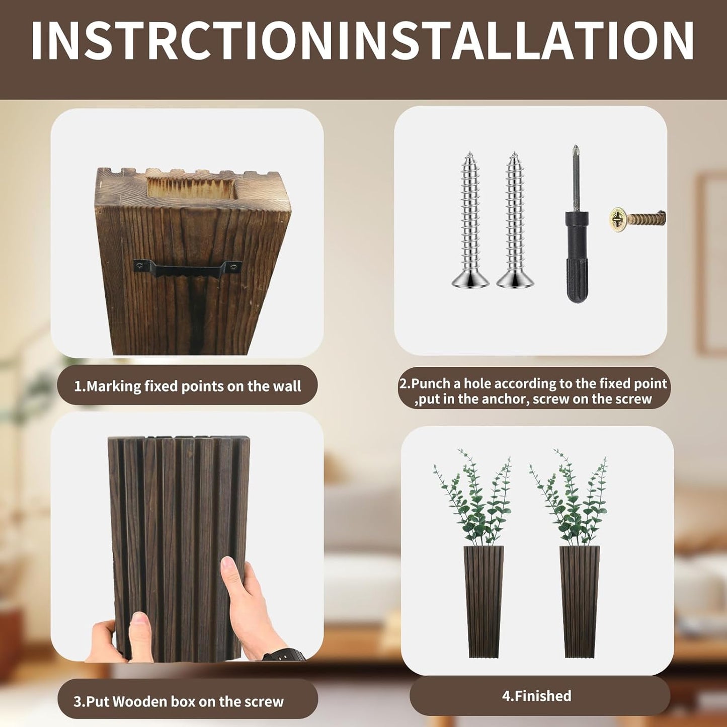 2Pack Brown Wood Wall Planter for Indoor +2Pack Green Plants,Modern Wooden Hanging Planter for Dried Flowers and Plants,Abstract Vase Farmhouse Wood Wall Decor (Brown)