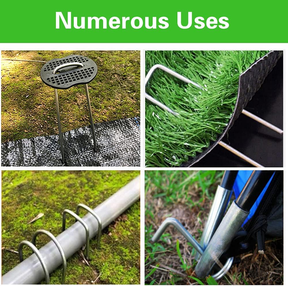 100Pcs Garden Stakes Staples + 100Pcs Gasket, Bakulyor 6 Inch Lawn Landscape Staples 11 Gauge U Shaped Galvanized Landscape Pins, Heavy Duty Yard Ground Pin for Weed Barrier Sod Fabric Decorations