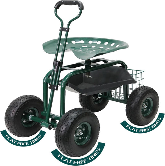 BDL Garden Cart Outdoor Rolling Garden Workseat with Wheels, Heavy Duty Garden Tool Cart with Extendable Handle and Storage for Seniors Yard Gardening Work