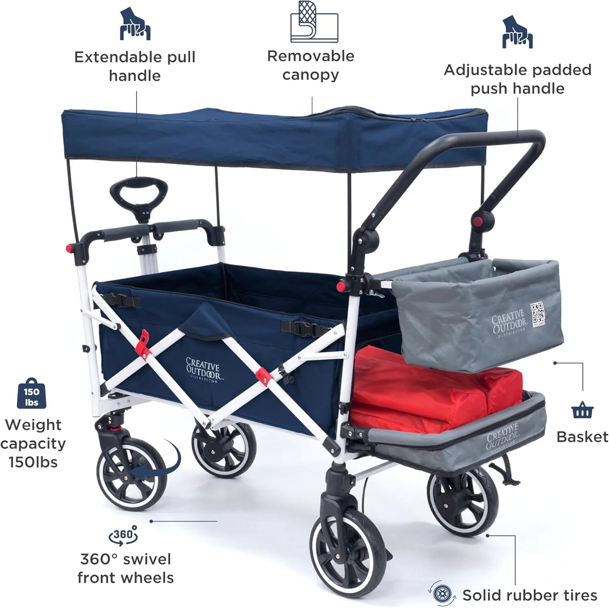 Creative Outdoor Wagon for Kids Push Pull Collapsible Stroller with Canopy Folding Cart | Titanium Series Plus | Beach, Park, Garden (Solid Navy Blue)