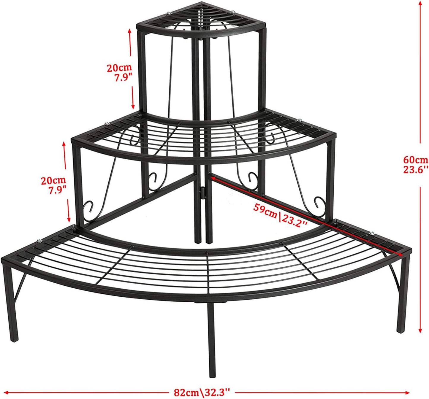 DOEWORKS 3 Tier Plant Stand Flower Pot Rack, Quarter Round Plant Corner Shelf Planters Display Holder orchid shelves for Indoor Outdoor Use, Black