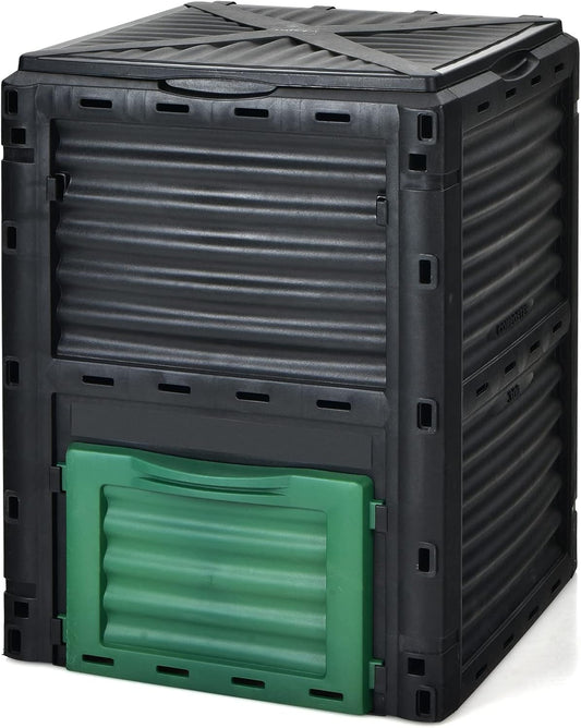 Goplus Compost Bin, 80 Gallon (300 L) Large Outdoor Composting Box w/Top Flip Latch-on Lid, Bottom Exit Door, BPA Free Material, Grass Food Trash Composter Barrel for Garden Yard, Easy Assembly
