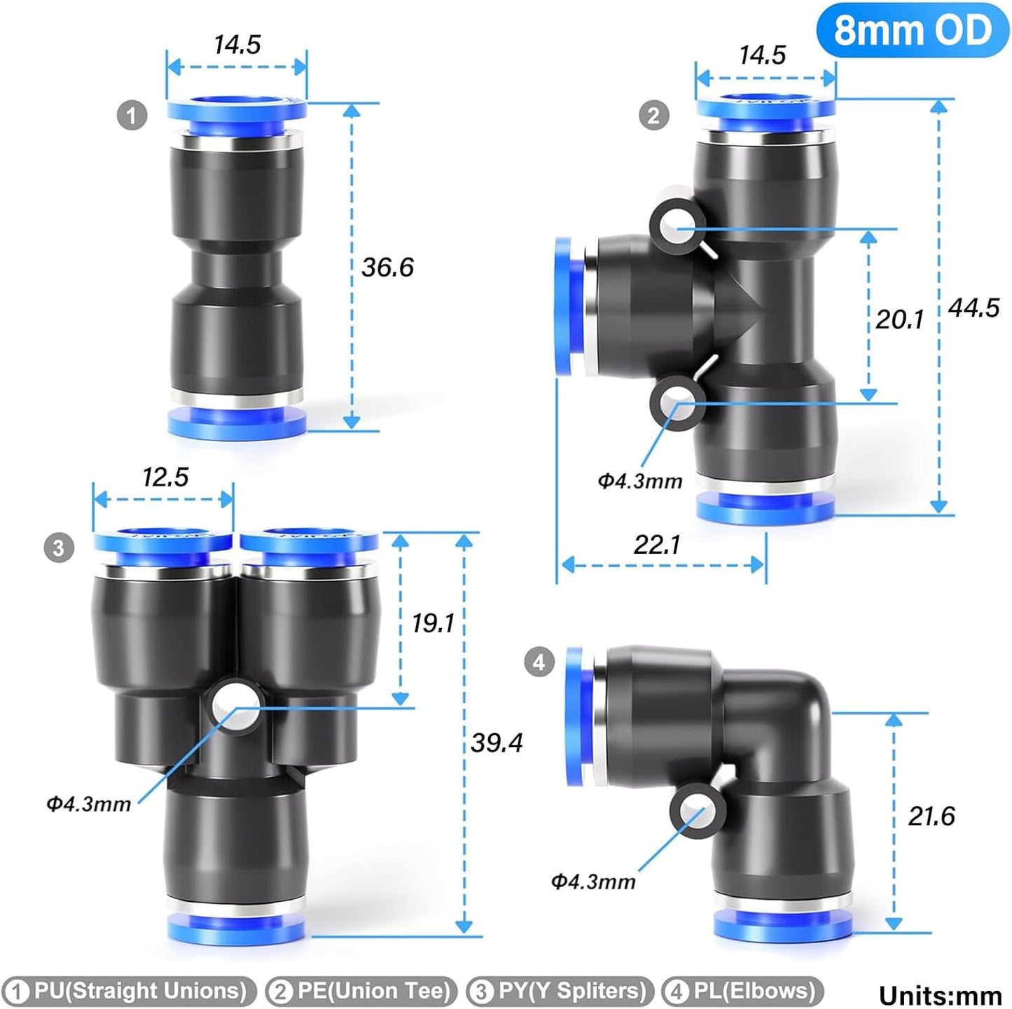 TAILONZ PNEUMATIC 5/16 inch or 8mm od Push to Connect Fittings Pneumatic Fittings Kit 10 Spliters+10 Elbows+10 tee+10 Straight (40 pcs)