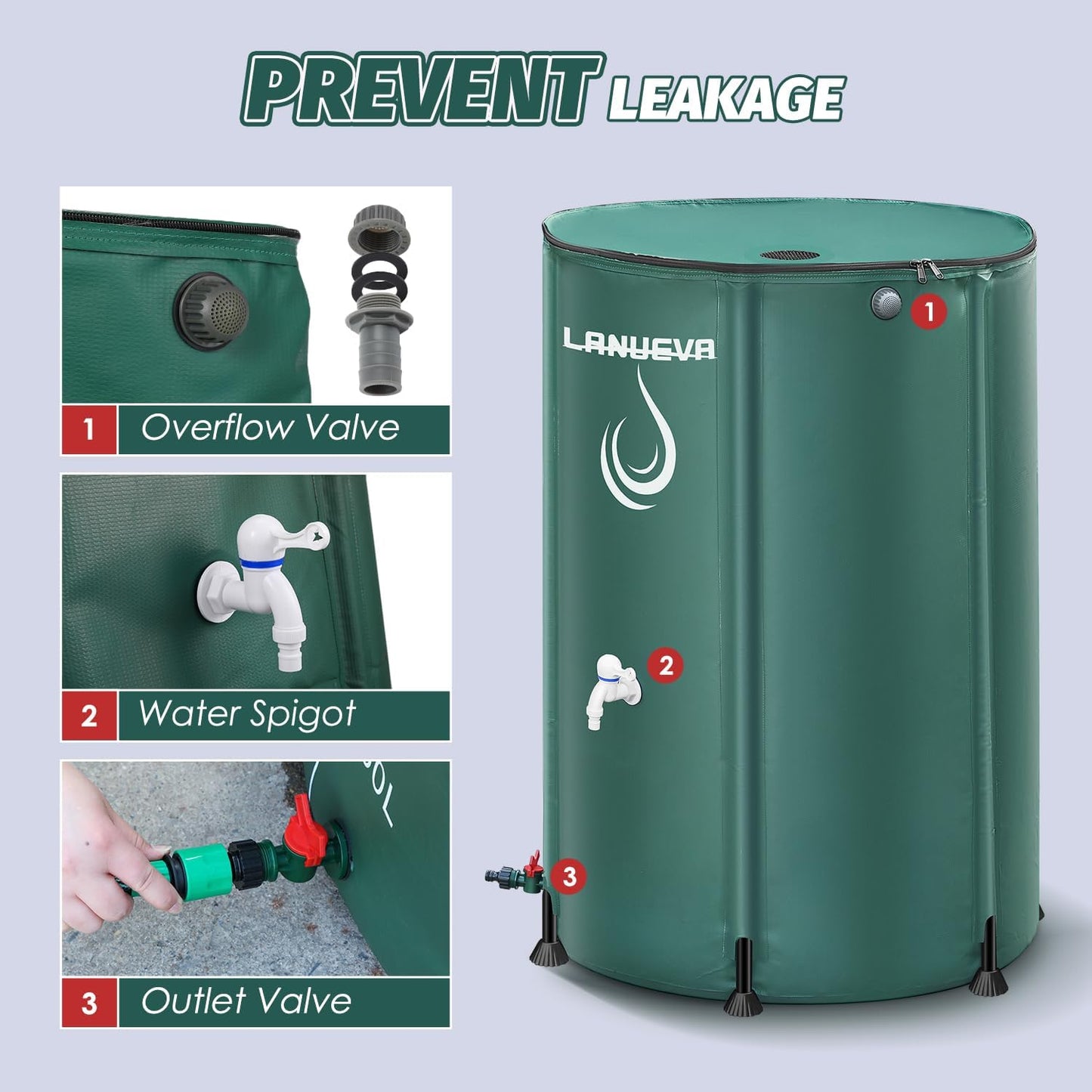 LANUEVA 100 Gallon Collapsible Rain Barrel, Rainwater Collection System with 2 Spigots, Overflow Kit and 2 Hoses, Portable Water Storage Tank with Scale Mark for Garden Plant Watering, Farm Irrigation