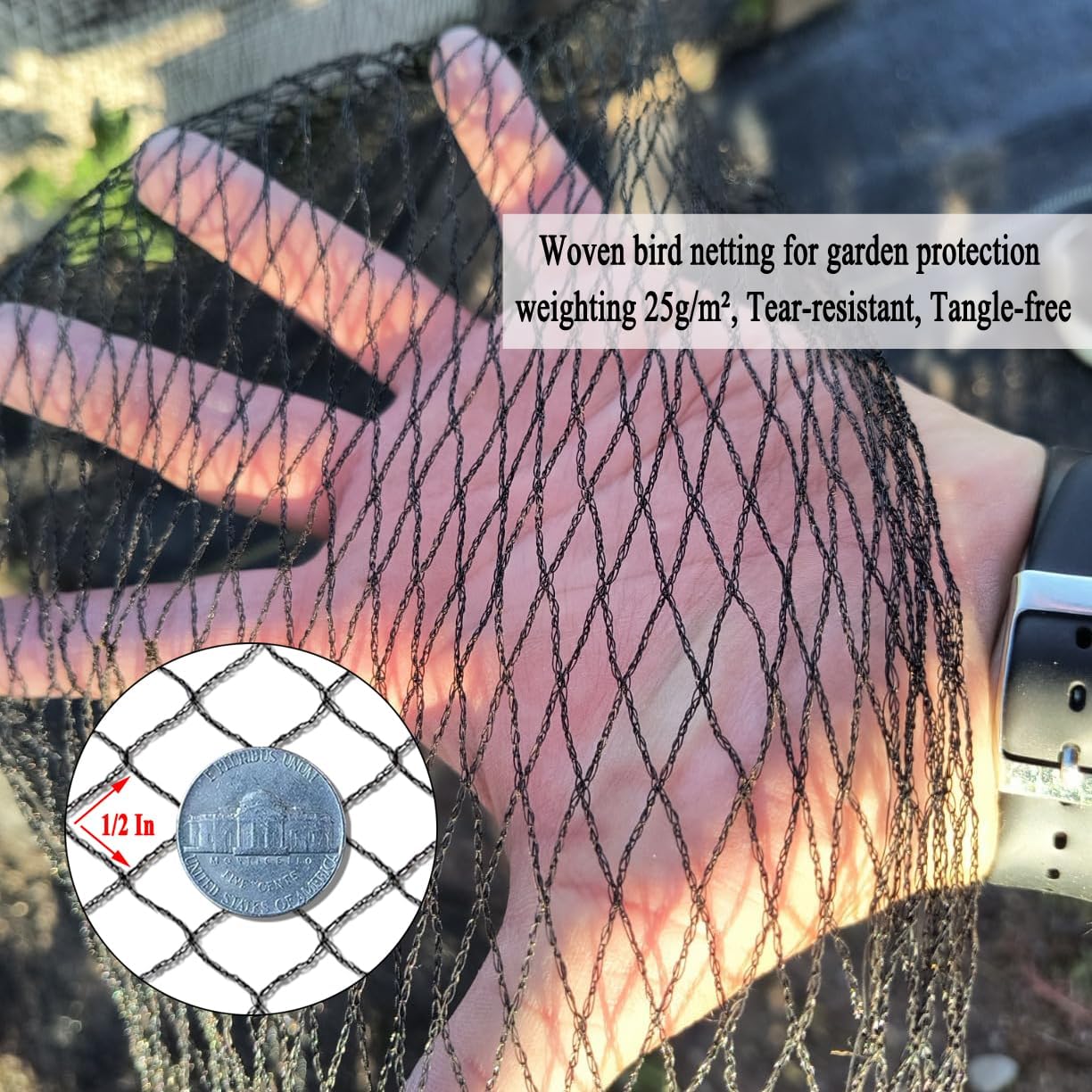 Junflying Bird Netting, 20x20 FT – 1/2" Mesh, Woven Black Netting for Garden Protection with Ties, Protects Vegetables, Fruit Trees, Blueberry Bushes & Strawberry Plants