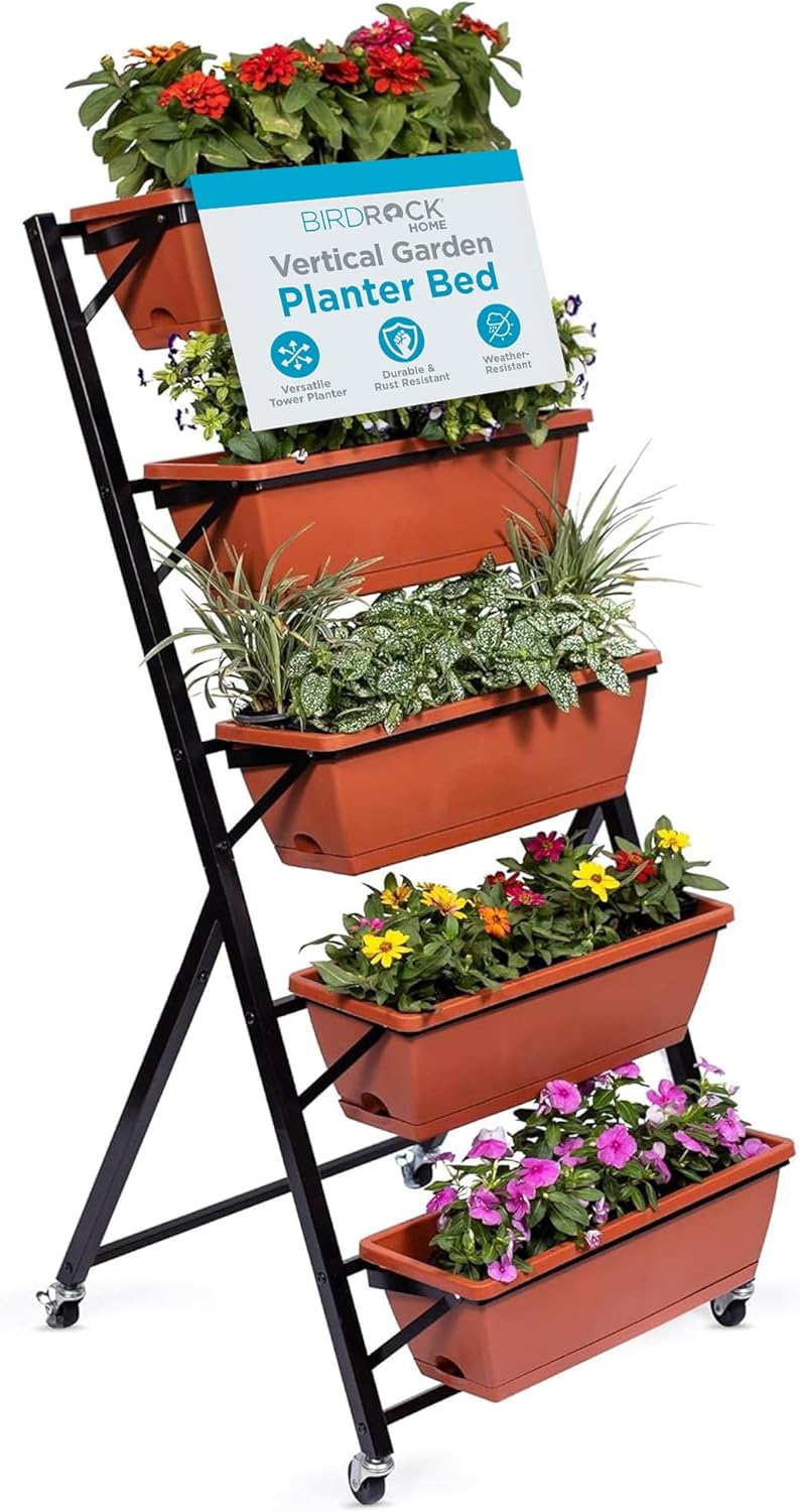 BIRDROCK HOME 5-Tier Vertical Garden Planter Bed - Raised Flower Stand - Rolling Plant Tower - Weather Resistant Box - Indoor or Outdoor - Herbs Flowers Berry’s Vegetables - Metal