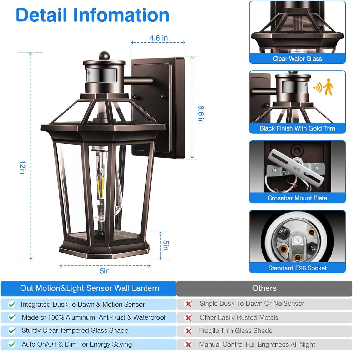 VIANIS Oil Rubbed Bronze Dusk to Dawn Motion Sensor Porch Light, Anti-Rust Aluminum Frame, Tempered Glass, 100% Weather Resistant, Easy Installation, Fits Standard E26 Bulbs