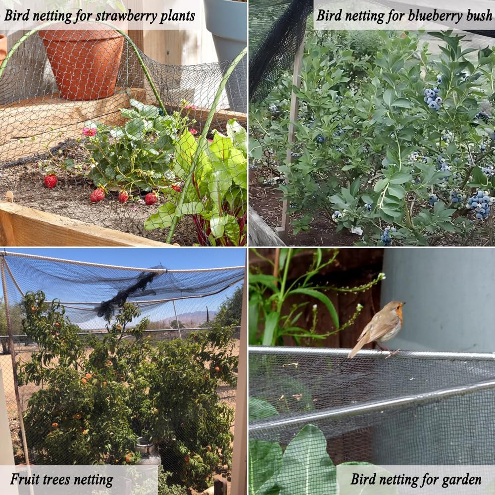 Junflying Bird Netting, 25x25 FT – 1/2" Mesh, Woven Black Netting for Garden Protection with Ties, Protects Vegetables, Fruit Trees, Blueberry Bushes & Strawberry Plants