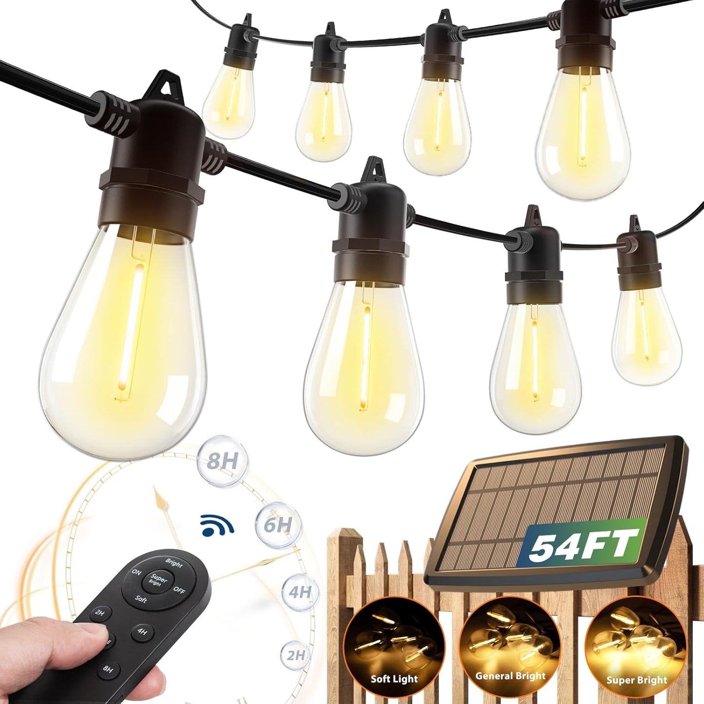 addlon 54FT(48+6) Solar String Lights Outdoor Waterproof with 3W High Power Panel USB Charging & Remote - Dimmable Solar Power Patio Lights for Porch, Garden, Yard, Market, Bistro - Super Bright