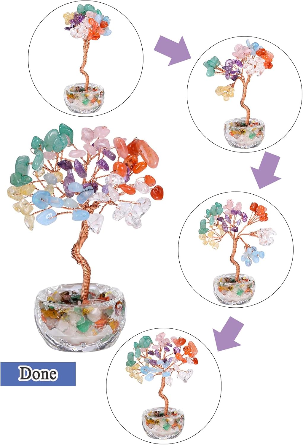 Jovivi Small 7 Chakra Crystals Tree, Natural Crystal Healing Stones Tree Glass Bowl Base Gemstone Money Trees Feng Shui Good Luck Home Desk Decor