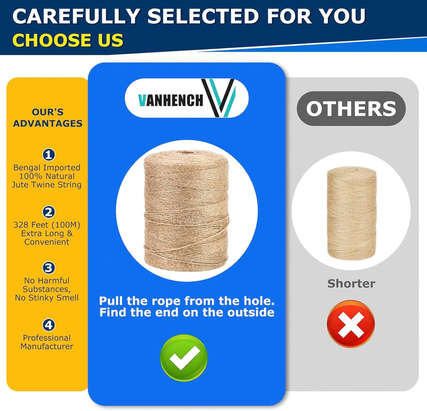 Vanhench Jute Twine 3mm x 328ft (100m), Jute Rope for Crafts Gardening Garden Plant Gift Wrapping Arts & Crafts Art Decoration Packing Material Christmas Twine Bulk Heavy-Duty (Brown)