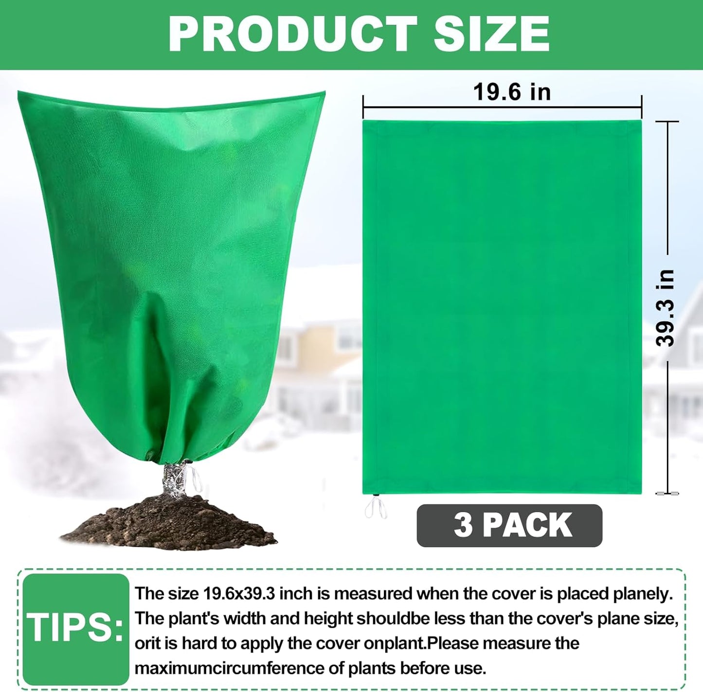 3 Pack Winter Plant Covers Freeze Protection, 19.6" x 39.3" Frost Blankets for Outdoor Plants with Drawstring, Tree Covers Bags Shrub Covers for Winter Cold Weather, Rose Bush Cover for Winter