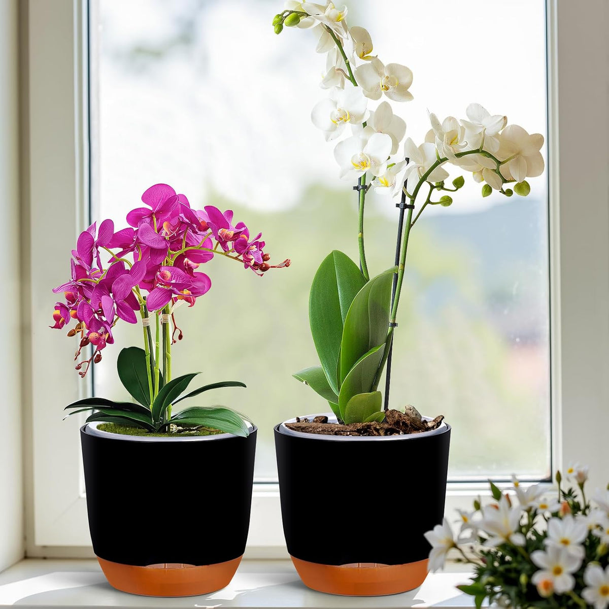 QCQHDU 2 Pack Orchid Pots with Holes for Repotting, Double-Layer and Self Watering Orchid Pot with Good Air Circulation