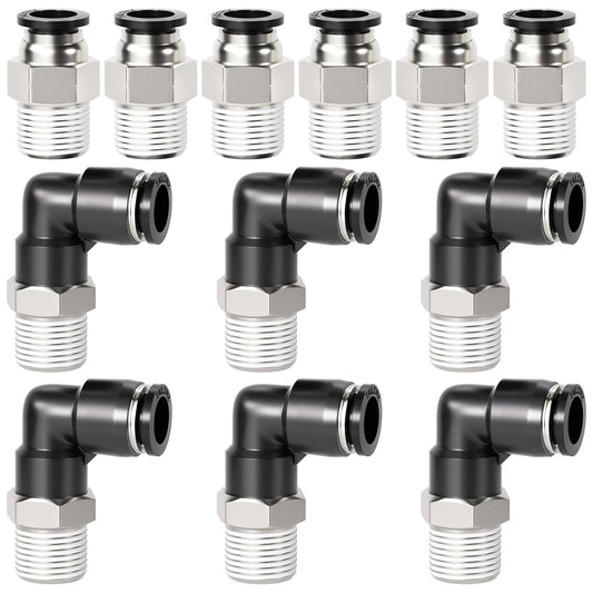 TAILONZ PNEUMATIC Elbow and Straight Combination 5/16 Inch Tube OD x 1/4 Inch NPT Thread Push to Connect Fittings PC-5/16-N2+PL-5/16-N2(Pack of 12)