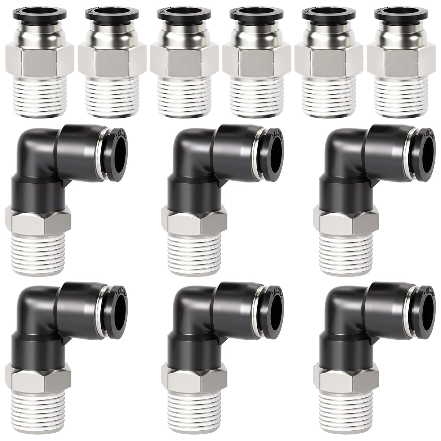 TAILONZ PNEUMATIC Elbow and Straight Combination 5/32 Inch Tube OD x 1/8 Inch NPT Thread Push to Connect Fittings PC-5/32-N1+PL-5/32-N1(Pack of 12)