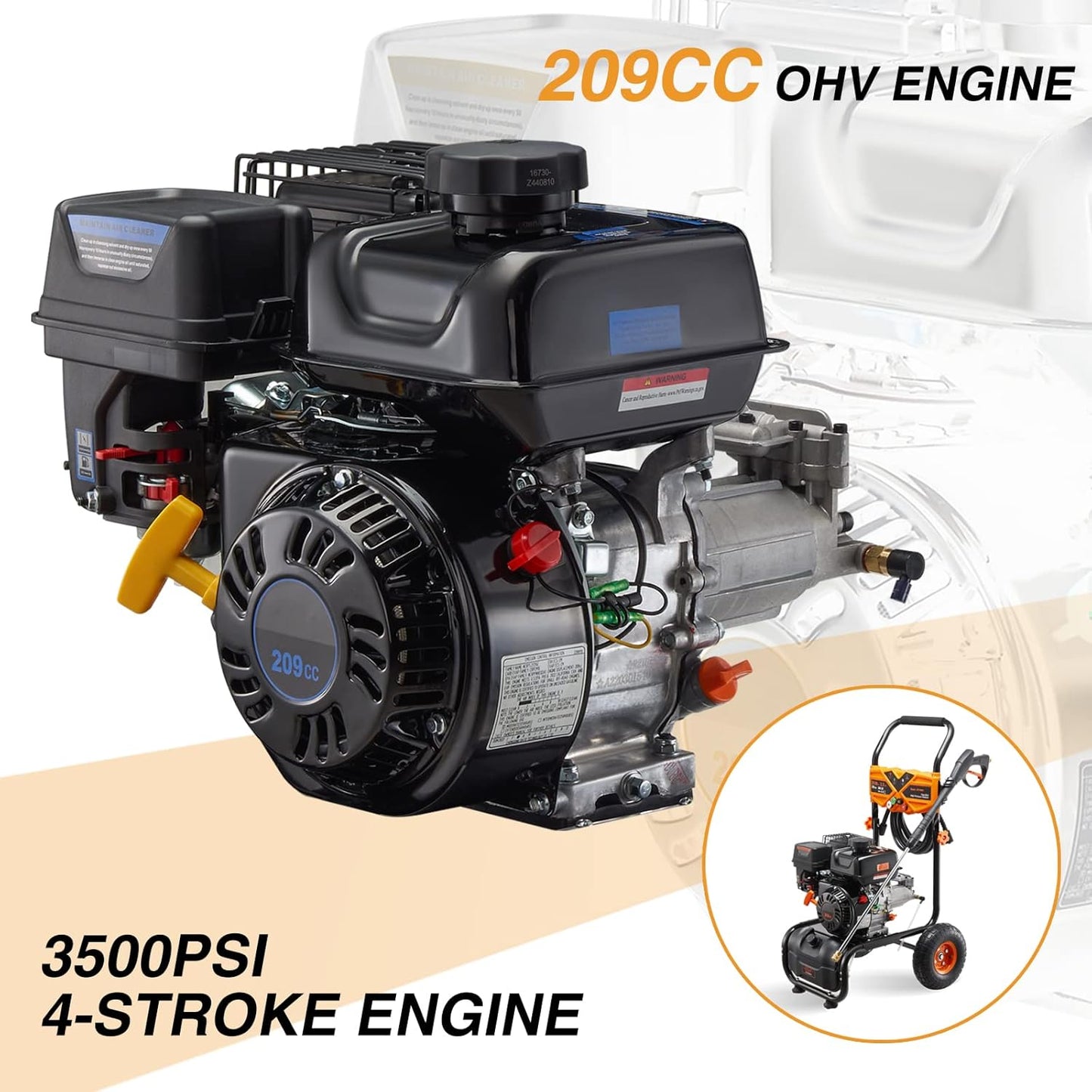 3500PSI Gas Pressure Washer, 2.3GPM Gas Powered High Pressure Washer with 209CC Engine, 4 Adjustable Nozzles, 25 ft High Pressure Hose for Cleaning Walls, Terraces, Vehicles, Gardens (Orange)