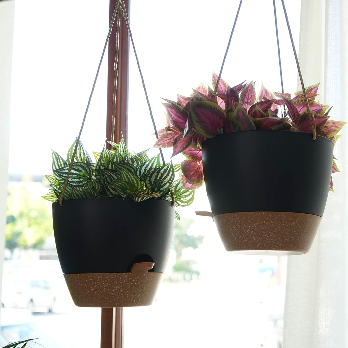 10 Inch Self Watering Hanging Pots, 2 Pack Hanging Planters with 40oZ Deep Reservior for Indoor Outdoor Plants Flowers, Black with Brown