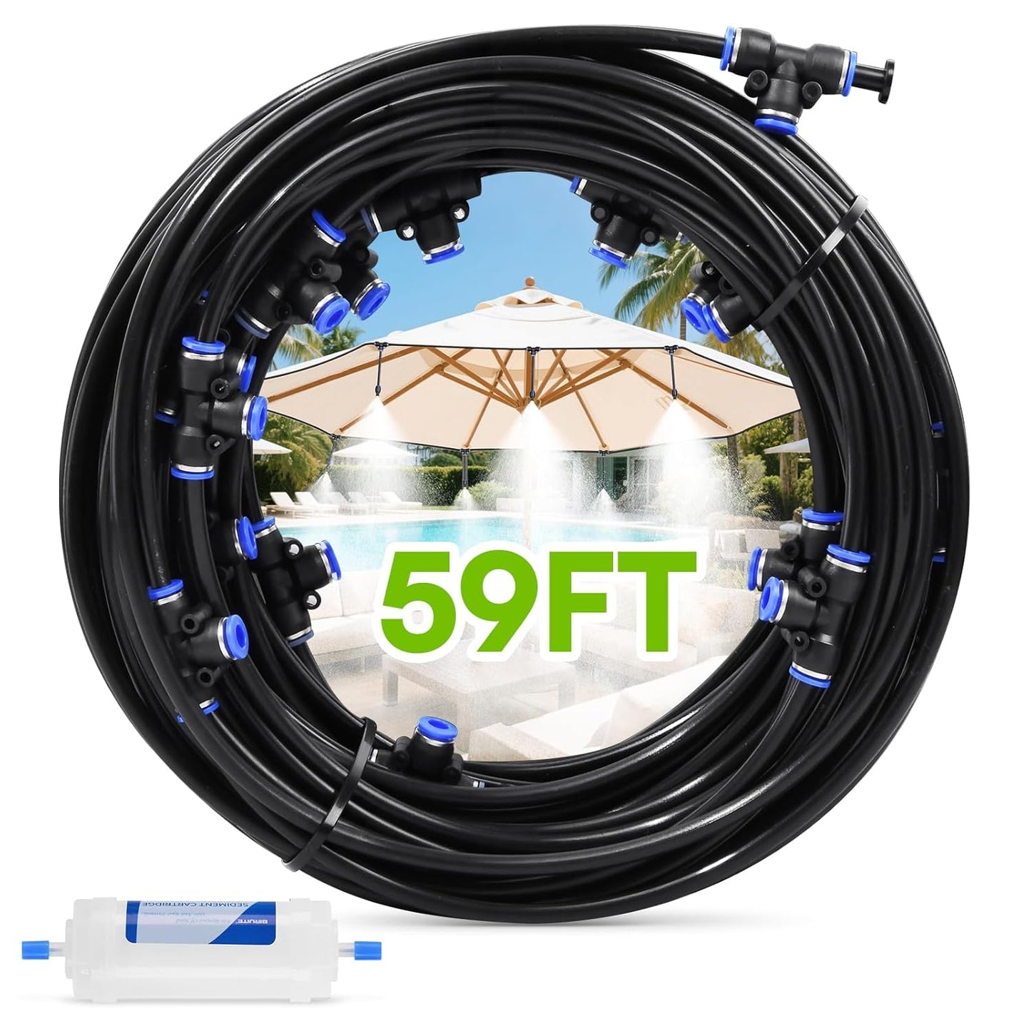 RAINPOINT Misters for Outside Patio - Upgraded 59FT(18M) Misting System Kit with Water Filter for Cooling Outdoor, 59FT Misting Line + 17 Mist Nozzles for Backyard Garden Porch Deck Greenhouse