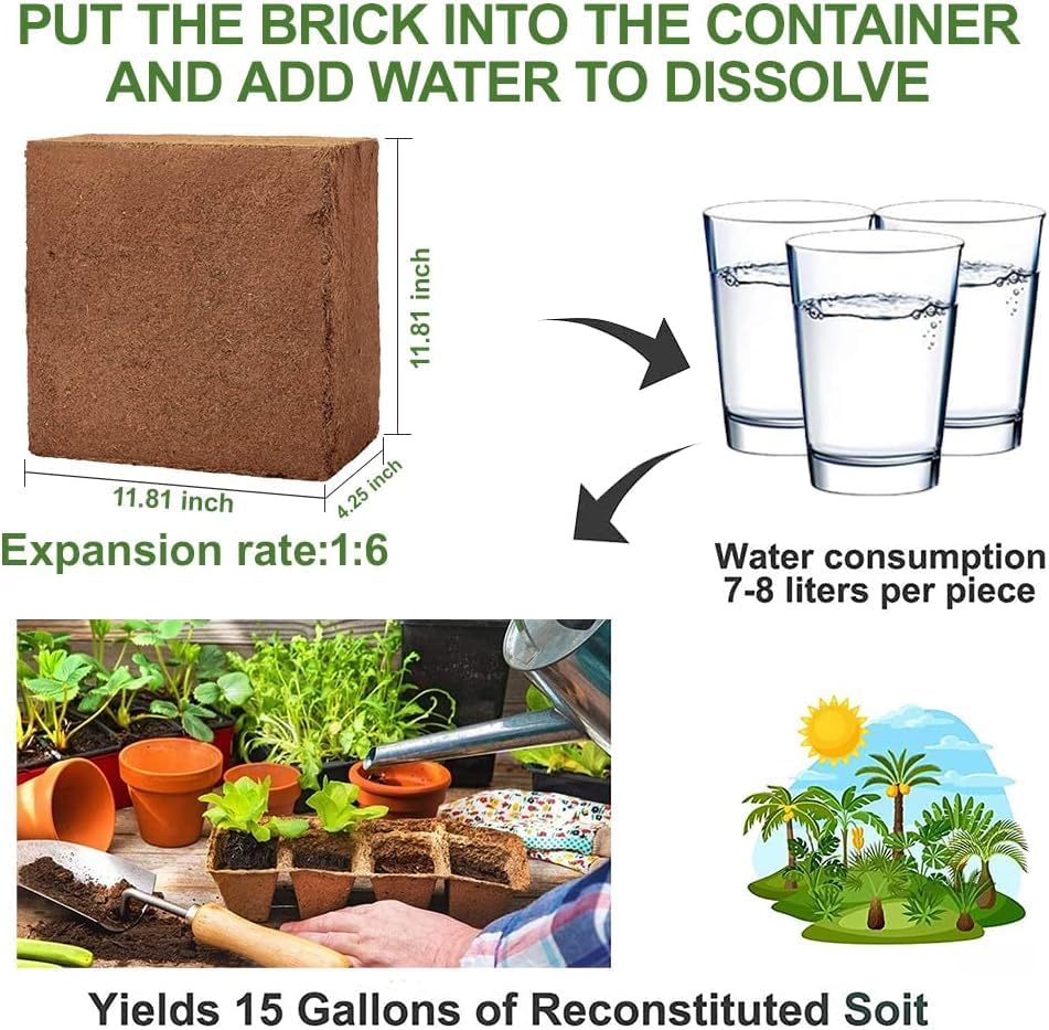 Premium Coco Coir Brick, 11Lbs High Nutrient Compressed Coconut Soil, OMRI 100% Organic Low EC & PH Balanced Potting Soil for All Plants Gardening, Hydroponics and Reptile Substrate 2-Pack