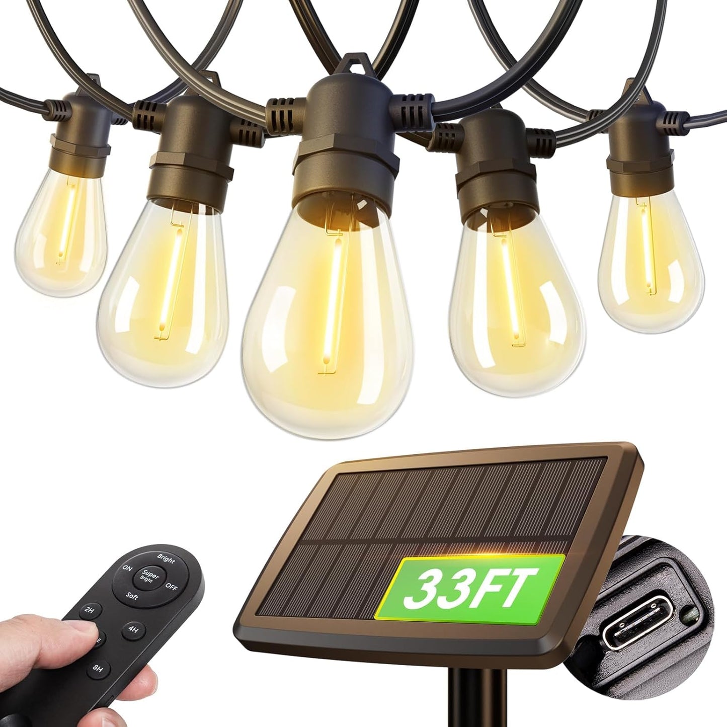 addlon 33FT (27+6) Solar String Lights for Outside Outdoor Waterproof with USB Port & Remote Control Solar Patio Lights Last for 20+Hrs Dimmable Solar Power LED Bulbs Hanging for Porch Garden Bistro