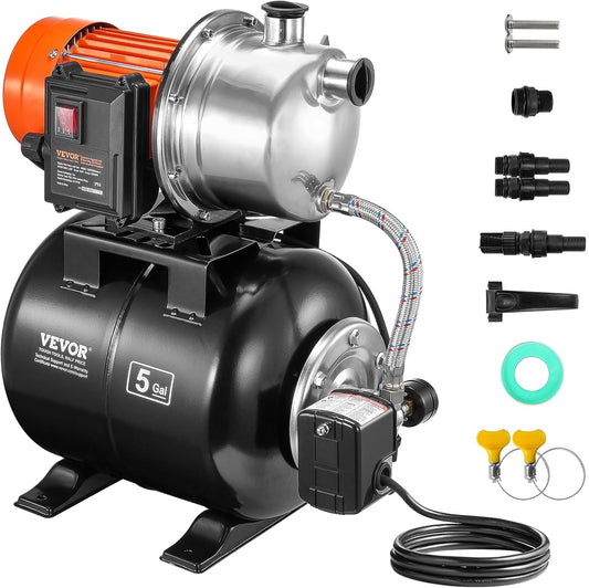 VEVOR 1.6 HP Shallow Well Pump With Pressure Tank, 1320 GPH, Automatic Irrigation Water Booster, 5-Gal Tank 30/50 PSI Switch, Stainless Steel Head for Home Garden Lawn