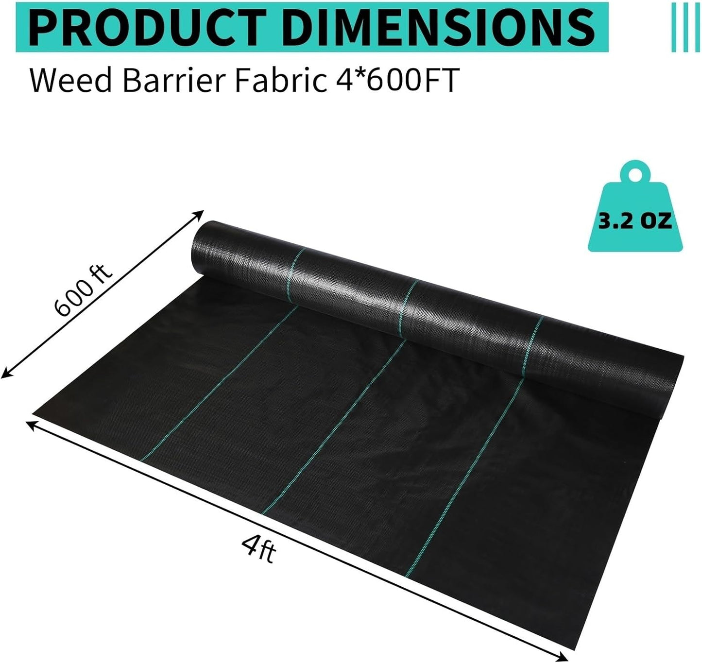 4 x 600 FT Weed Barrier Fabric,3.2 OZ Landscape Fabric,Heavy Duty PP Ground Cover for Gardening,Farming