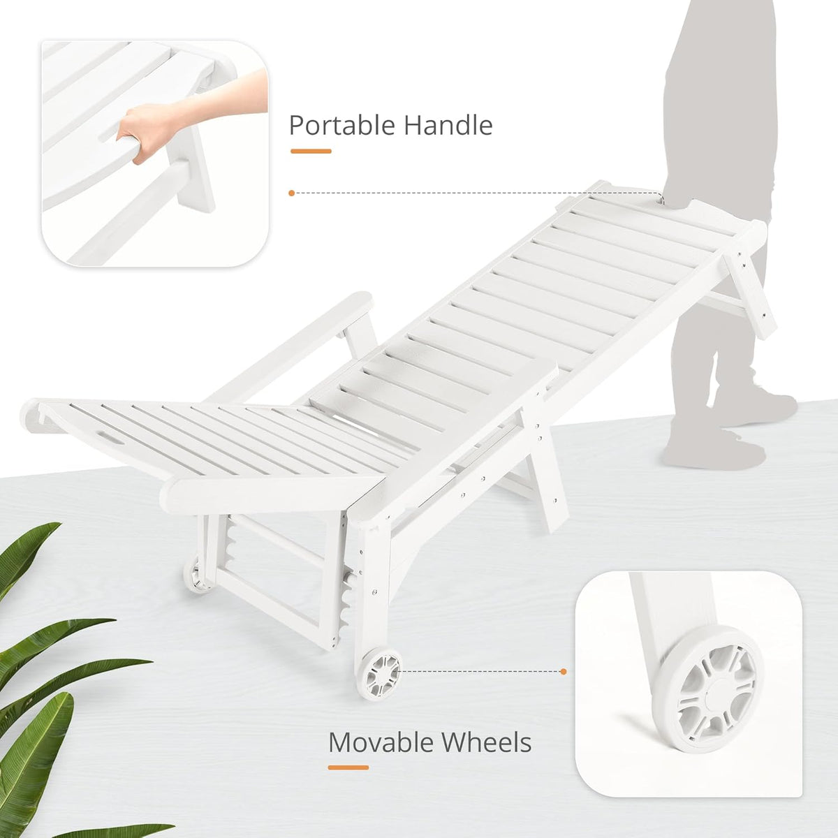 LUE BONA Chaise Lounge Chairs Set with Table, 3-Piece, 79'' Oversized HDPS Chaise Lounger, 5 Positions Adjustable Lounge Chairs, Pool Lounge Chair with Wheels for Poolside, 3 Year Warranty, White