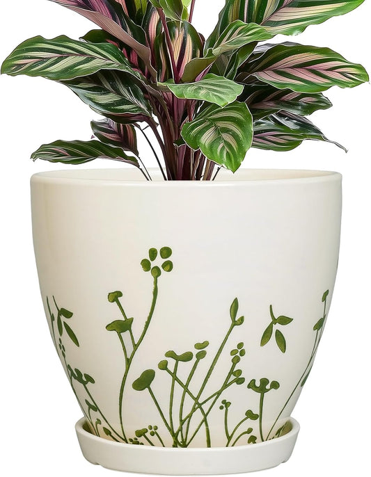 Ceramic Plant Pot 6.8 Inch - Indoor Flower Pot with Drainage Hole and Saucer, Decorative Boho Round Outdoor Indoor Planter, Plant Lover Gifts, Office Home Garden House Decor, White