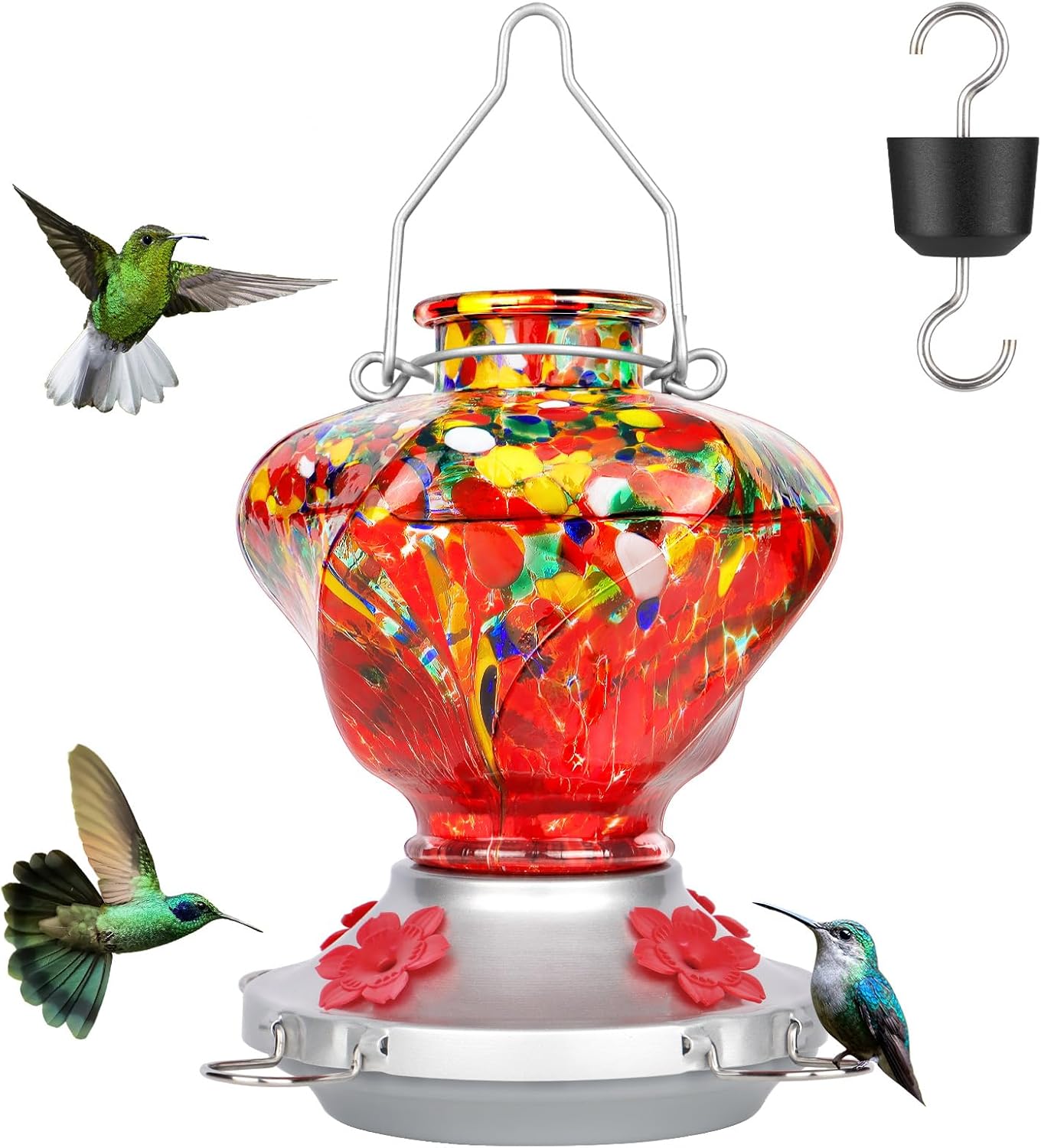 Hummingbird Feeder for Outdoors with Ant Moat, Hummingbird Feeder, Hand Blown Glass, 4 Bee Guard Feeding Ports with Perch, Outdoor Garden Décor, 16OZ, Red, Gifts for Mom Wife Dad Men Women