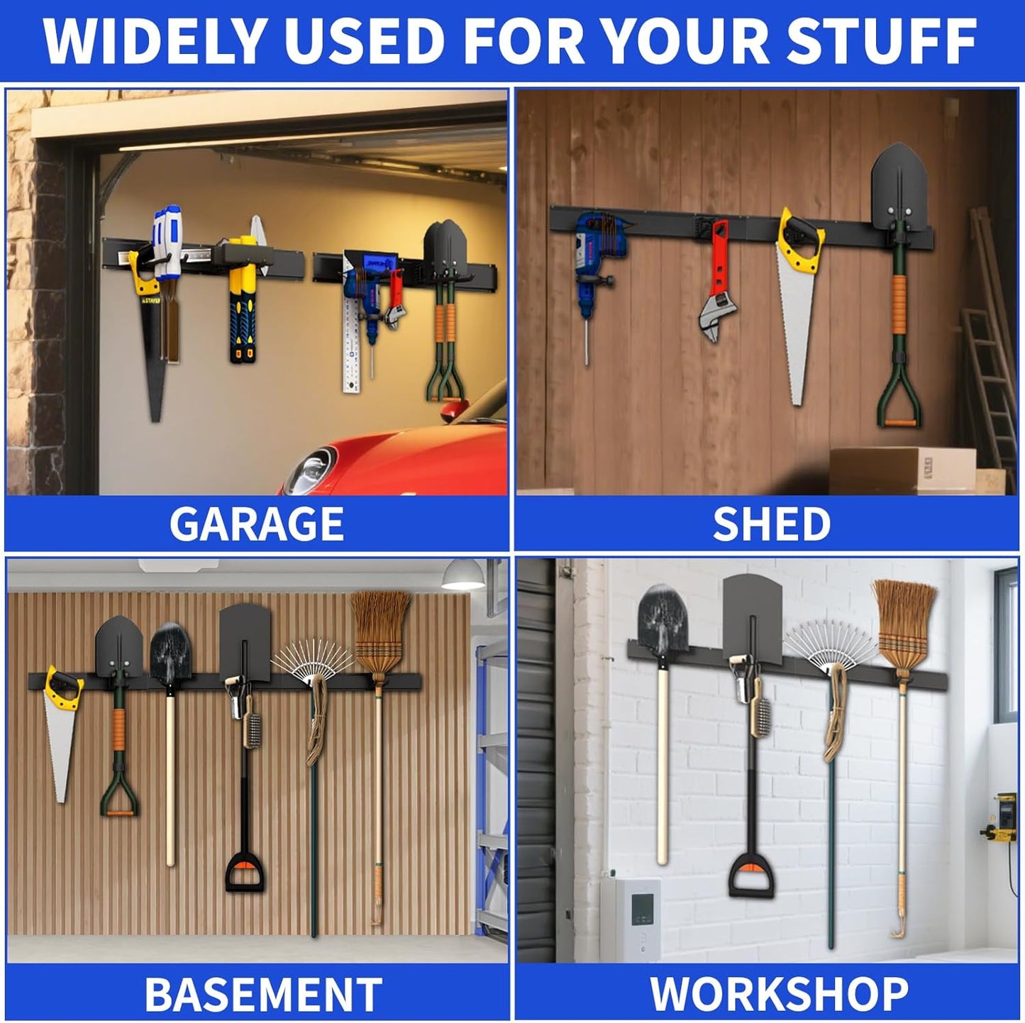 Garage Organization Tool Organizer Wall Mount, 48inch Heavy Duty Garden Tool organizer Storage System, Easy Install With 7 Adjustable Hooks, For Garage, Basement, Shed, Workshop(Black)