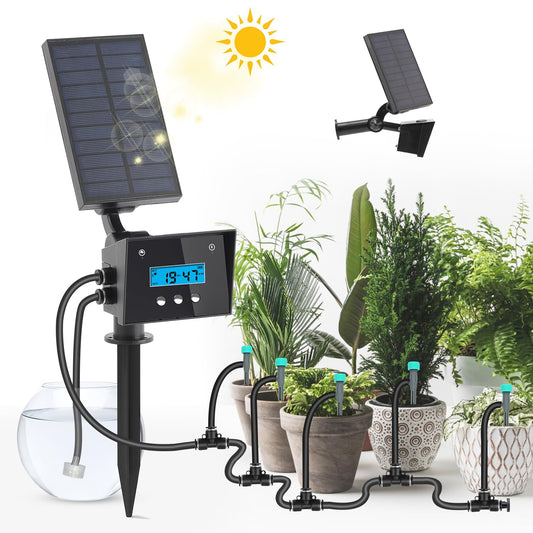 Solar drip Irrigation System, Solar Automatic palnt Waterer for Outdoor Garden, Irrigation System for Vacation,Drip Irrigation Kit with 2200mAh Battery&Rain Sensing &LCD Screen