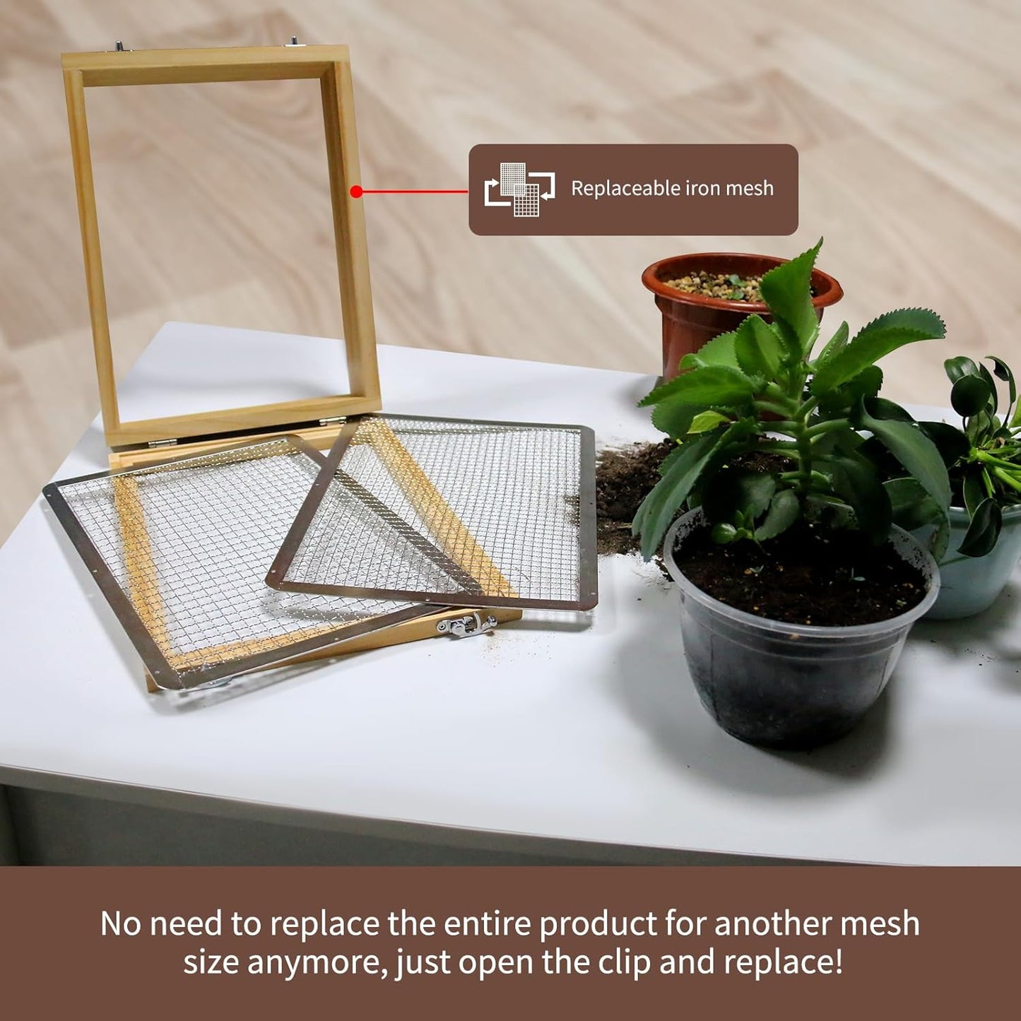 Soil Sifter 13.8"x10.2" for Garden: Wooden Dirt Sifter Replaceable Iron Mesh(0.15" & 0.35"), Multipurpose Handheld Compost Rock Sifter for Flowers, Fruit, Vegetable Plant Pots Gardening Tools