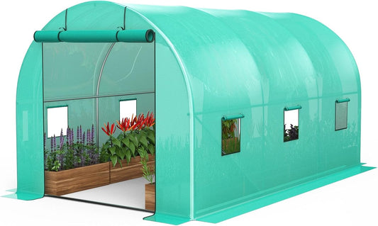Compact Greenhouse Kit 8'x13'x7' with Galvanized Frame, 140G Green PE Cover, 2 Doors & 6 Windows for Outdoor Gardening