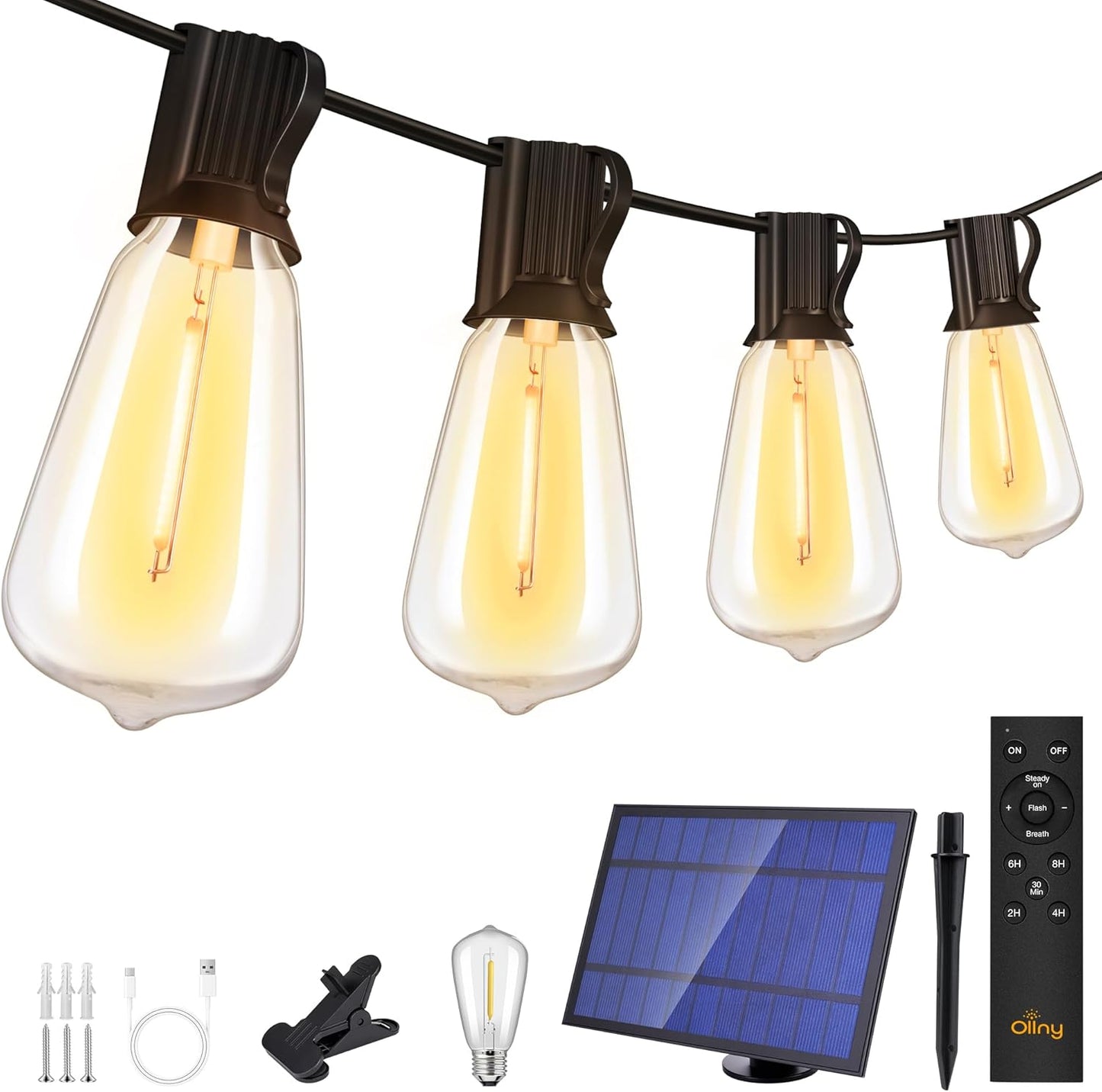 Ollny 15+1 LEDs ST38 Solar String Lights, 30 FT USB & Solar Dual Charging Outdoor String Lights, 3 Modes 5 Timers 10 Brightness 2200K Waterproof Patio Lights for Porch Garden Market Bistro Camping