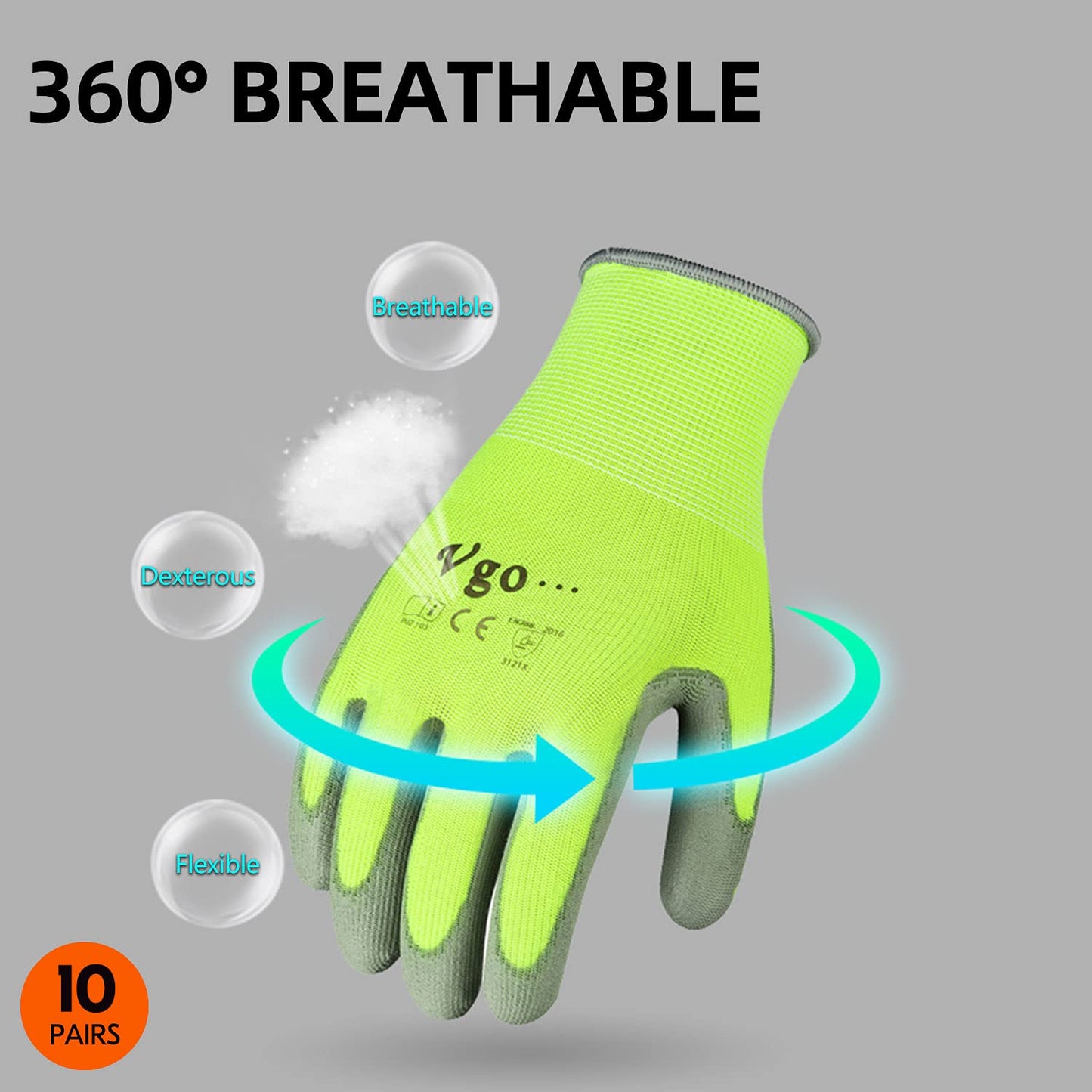 Vgo... 10-Pairs Safety Work Gloves, Gardening Gloves, Polyurethane Coated, Dipping Gloves, Latex Free (Size L, Yellow, PU2103)
