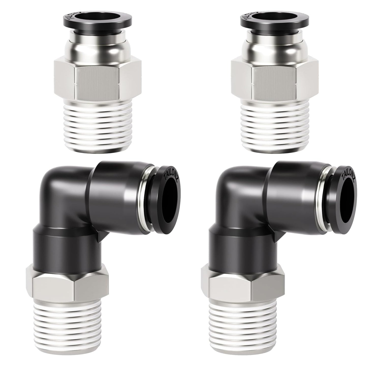 TAILONZ PNEUMATIC Elbow and Straight Combination 1/4 Inch Tube OD x 1/8 Inch NPT Thread Push to Connect Fittings PC-1/4-N1+PL-1/4-N1(Pack of 4)