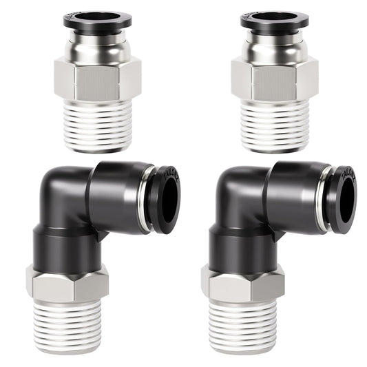 TAILONZ PNEUMATIC Elbow and Straight Combination 1/4 Inch Tube OD x 1/8 Inch NPT Thread Push to Connect Fittings PC-1/4-N1+PL-1/4-N1(Pack of 4)