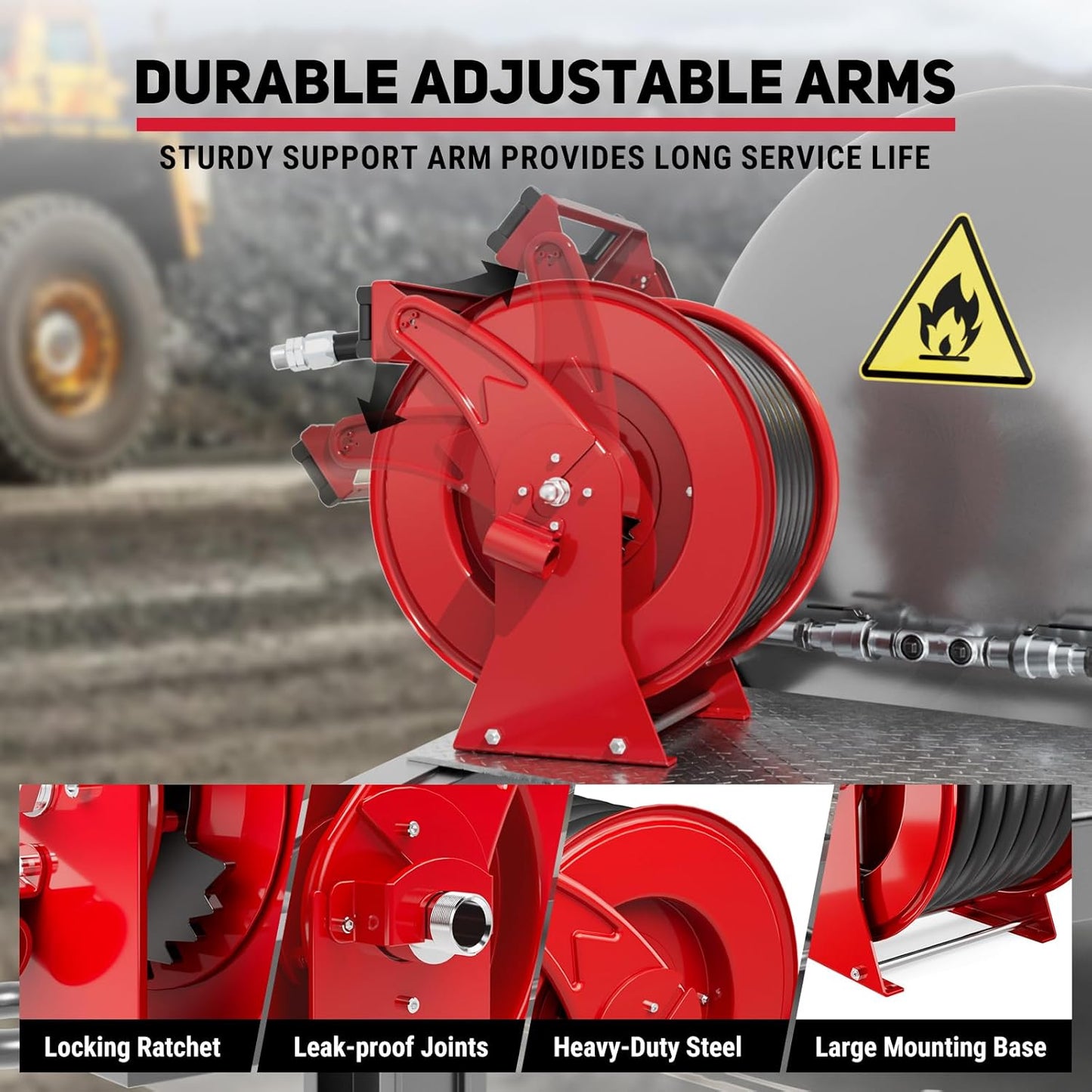 Fuel Hose Reel 1" x 50FT Extra Long Retractable Diesel Reel 300 PSI Auto Swivel Rewind Diesel Hose Reel with Fueling Nozzle Industrial Carbon Steel for Vehicle Tank Truck Trailer Ship, Red