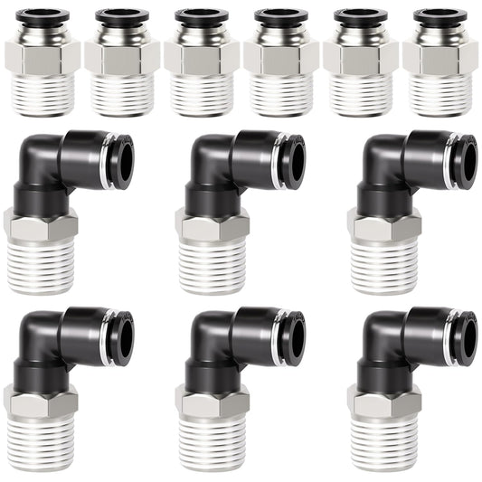 TAILONZ PNEUMATIC Elbow and Straight Combination 3/8 Inch Tube OD x 1/2 Inch NPT Thread Push to Connect Fittings PC-3/8-N4+PL-3/8-N4(Pack of 12)